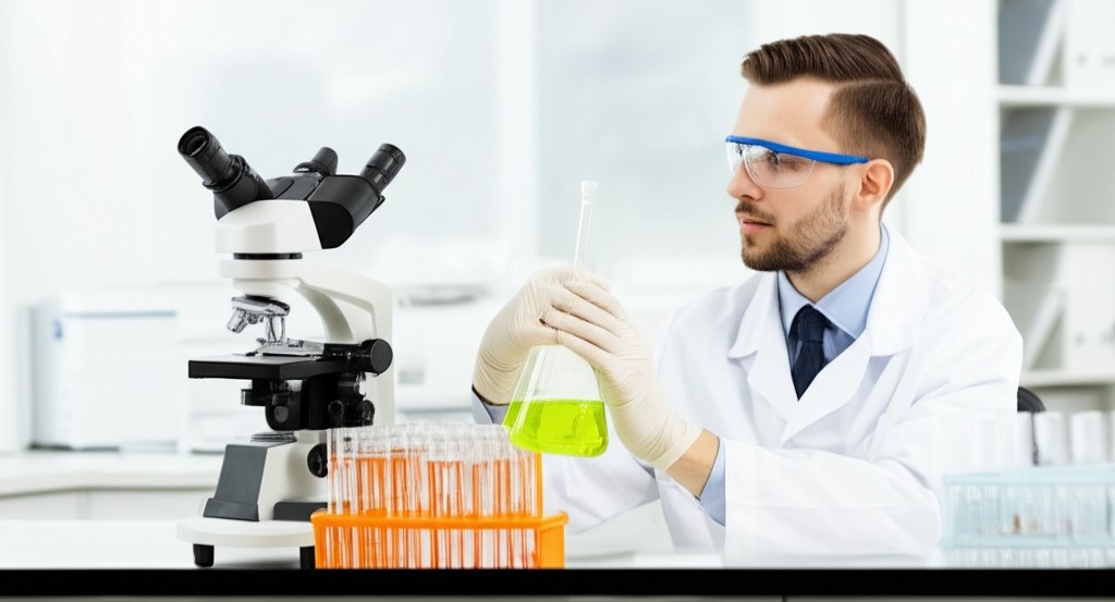 Laboratory scientist analyzing chemical mixture components with analytical equipment and classification documentation
