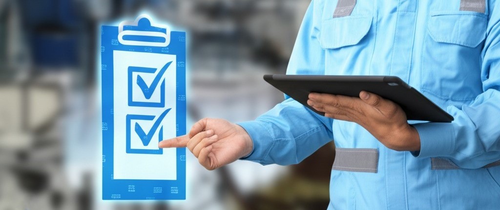 A chemical safety professional reviewing a digital reclassification checklist on a tablet
