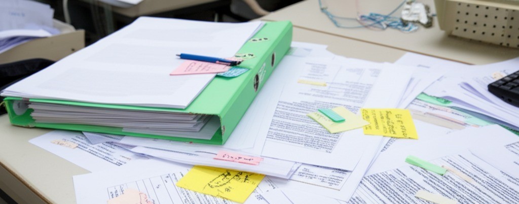 A desk cluttered with SDS documents, highlighting revisions and sticky notes marking problem areas